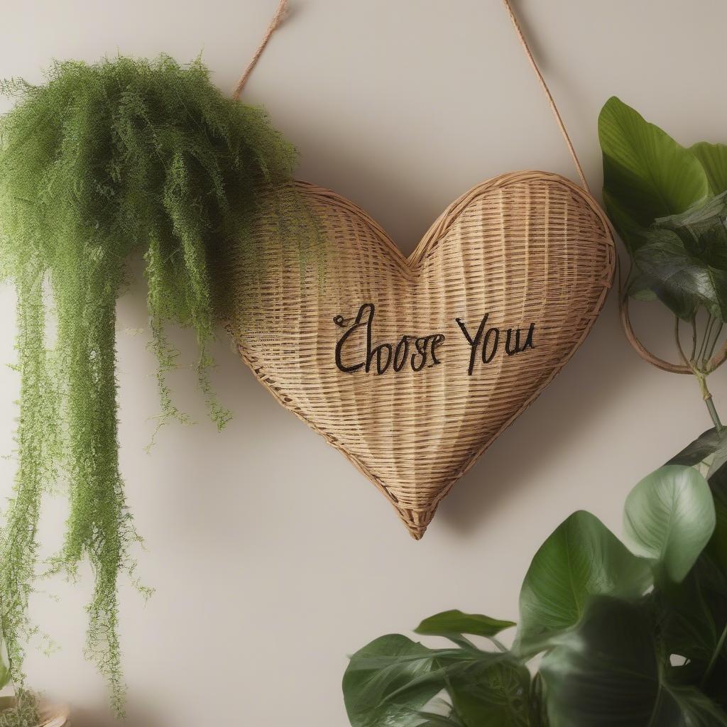 Wicker "I Choose You" sign shaped like a heart, hanging on a wall, surrounded by plants