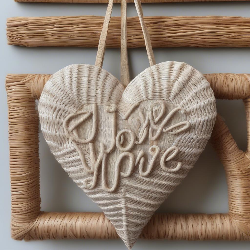 Wicker "I Love You More" wall hanging with heart accents, perfect for rustic home decor.