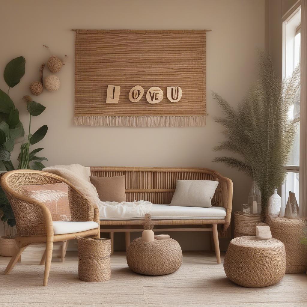 Rattan "I love you" wall decor in a living room setting.