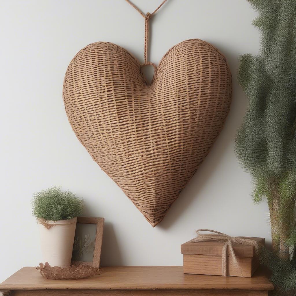 Wicker heart wall art with "I love you" inscription.