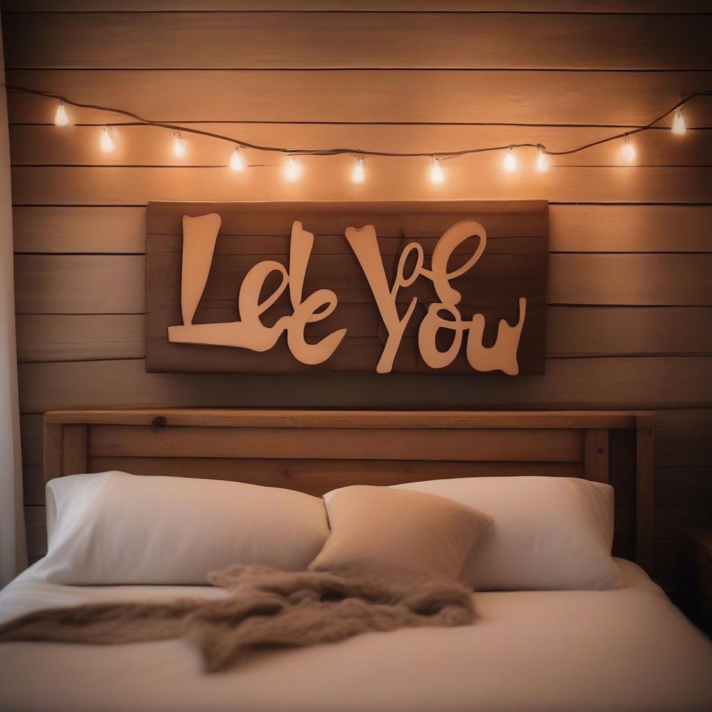 Rustic wooden "I love you" sign hanging above a bed in a cozy bedroom