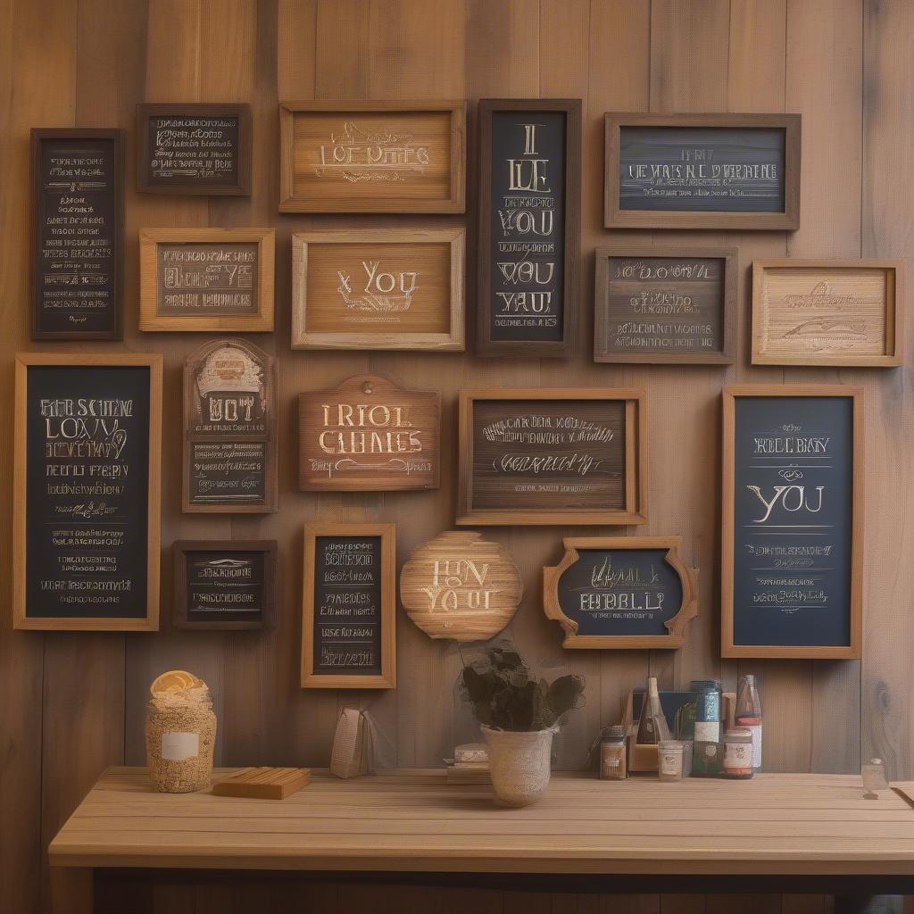 Different styles of "I love you" wooden signs displayed on a table