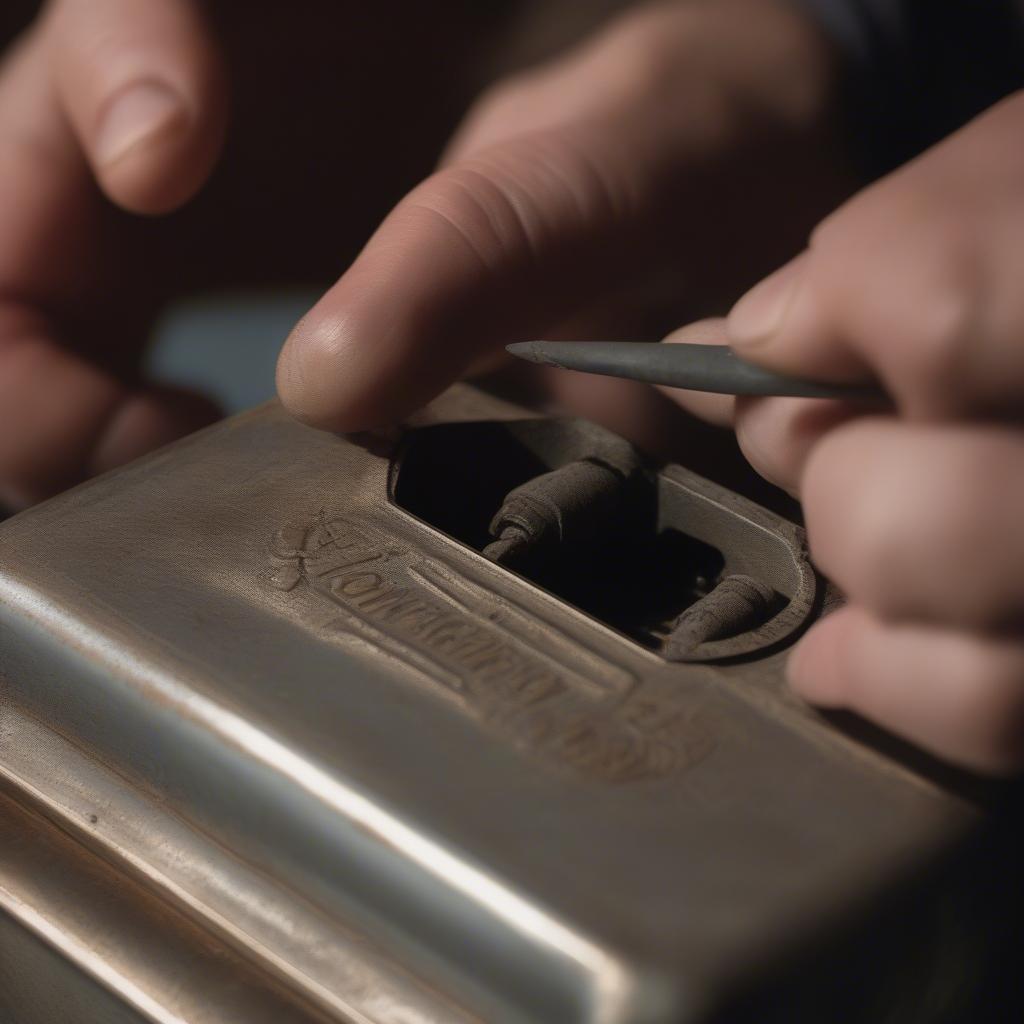 Close-up of hands examining an antique match safe, pointing out specific details like the maker's mark and the wear and tear.