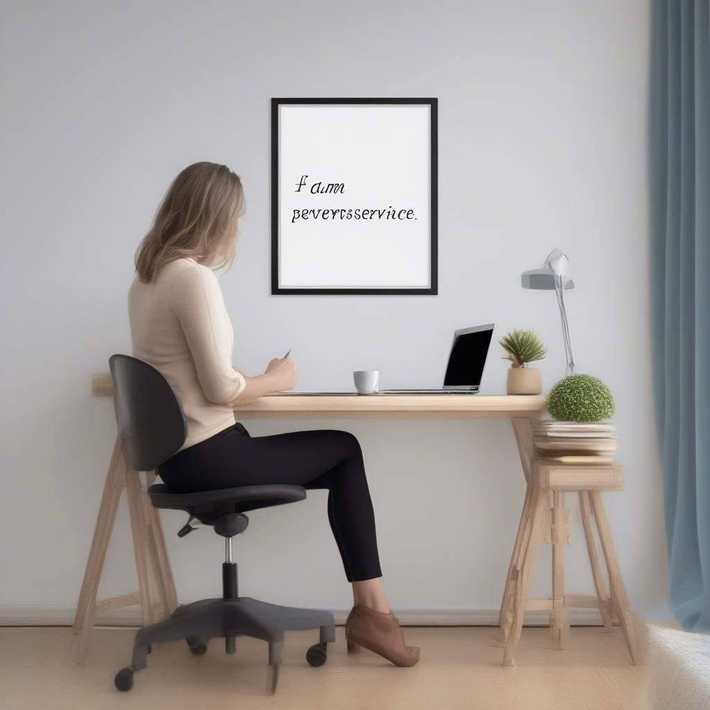 A person looking thoughtfully at a motivational framed print in their home office, conveying the impact of such art on mindset and productivity.