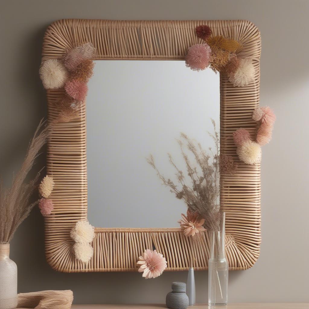 Dried Flowers Adorning a Rattan Mirror