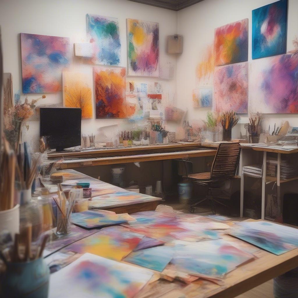 An art studio filled with paintings and inspirational quotes, highlighting the importance of inspiration in the creative process.