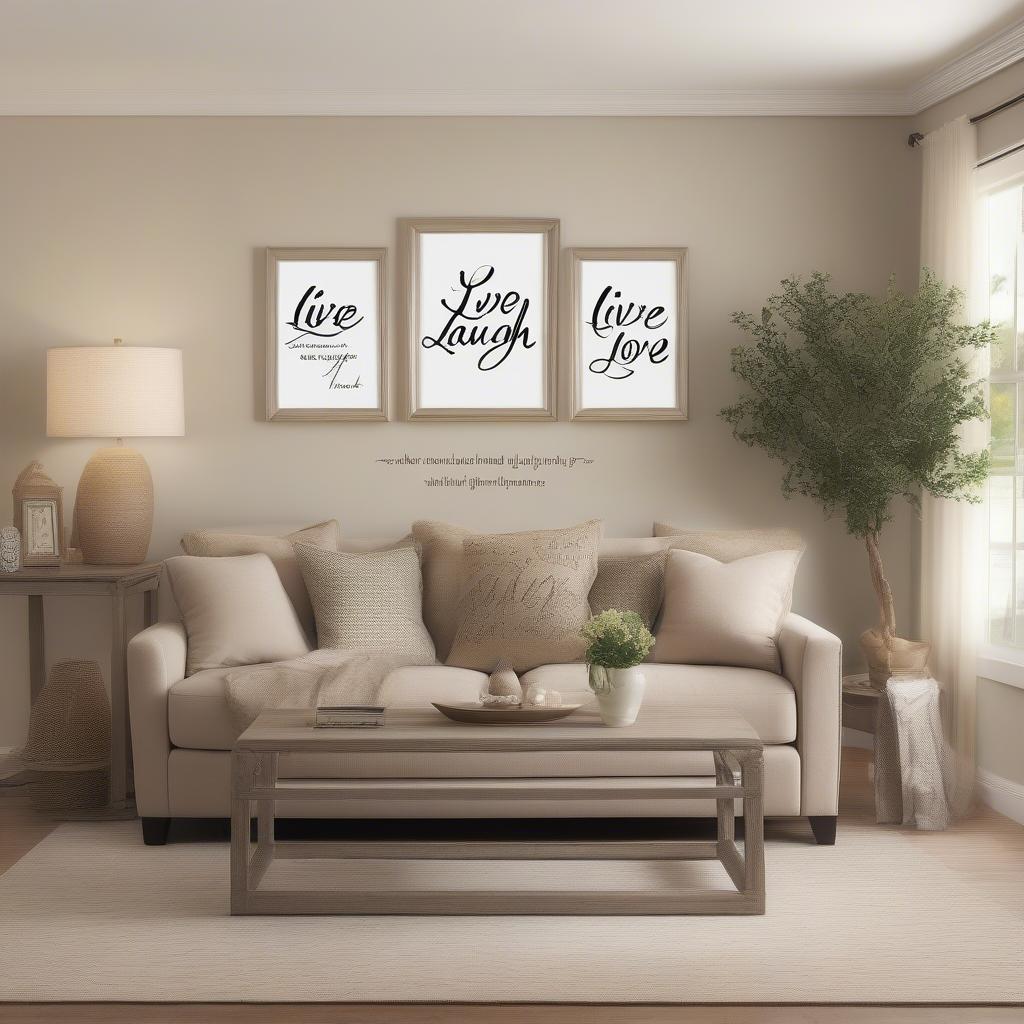 Inspirational sayings artwork in a living room setting