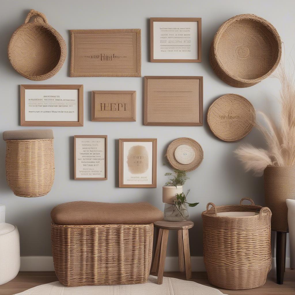 Inspirational wall art combined with woven baskets to create a textured and uplifting gallery wall.