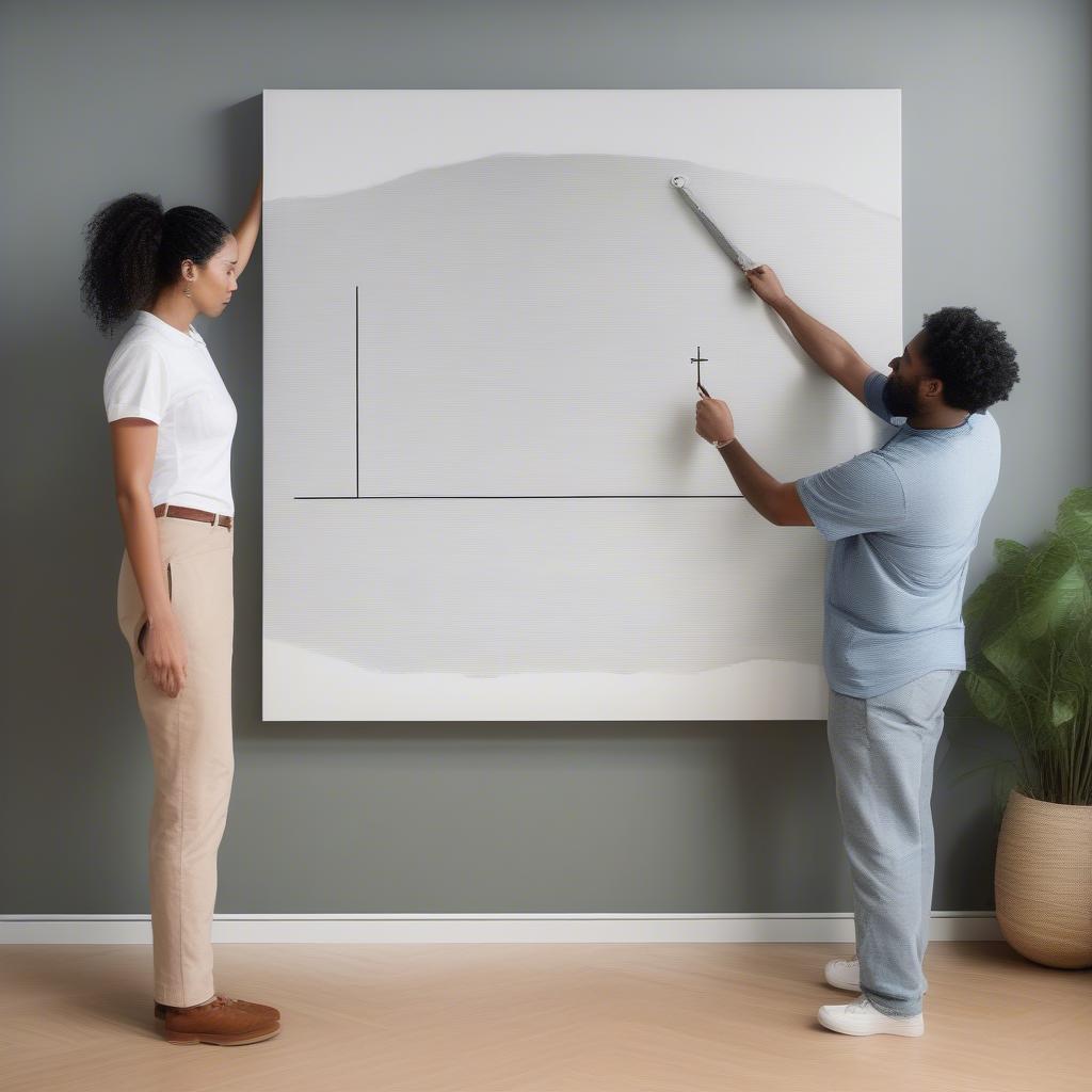 Two people carefully installing a large canvas print on a wall