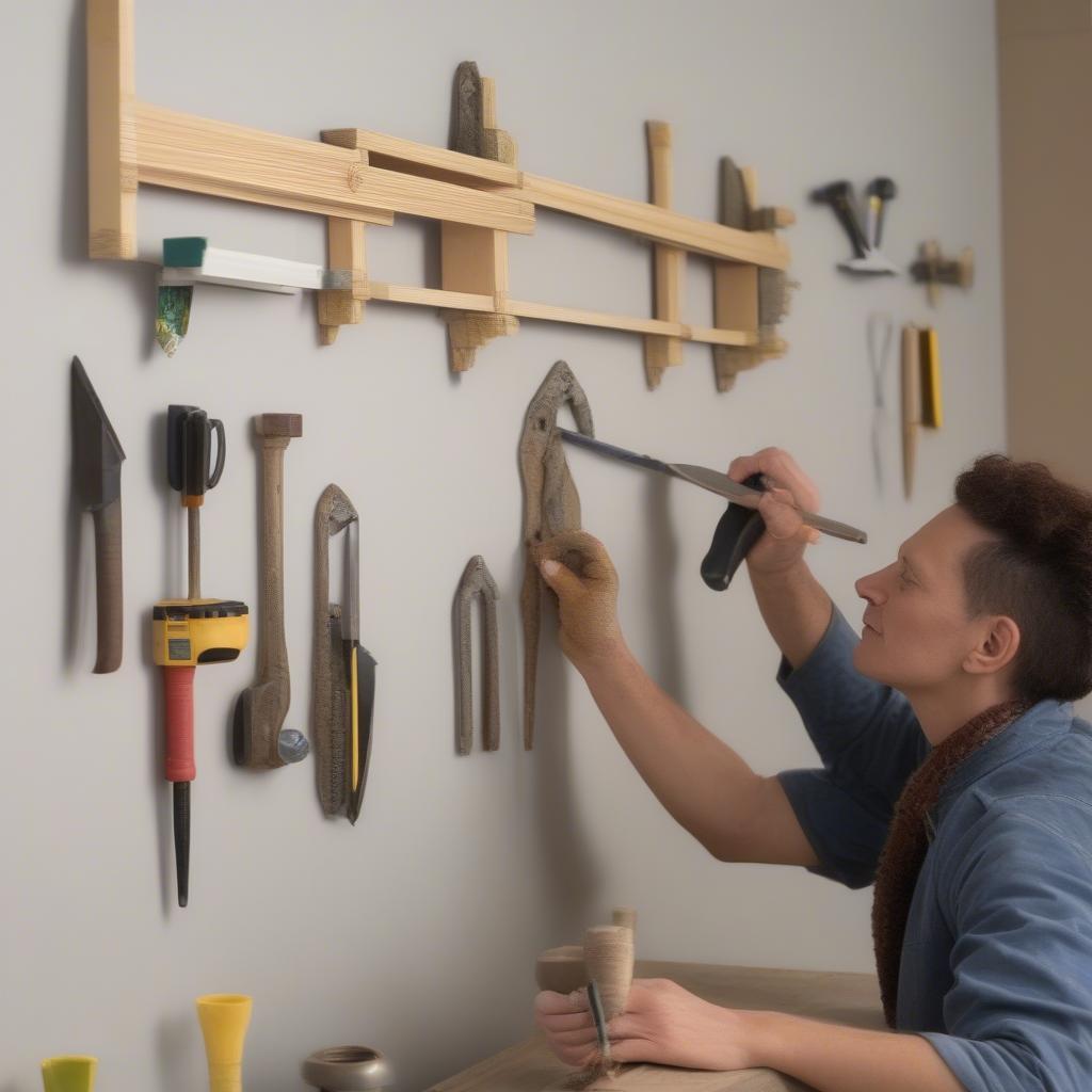 A person carefully installing a wall hanging in their laundry room.