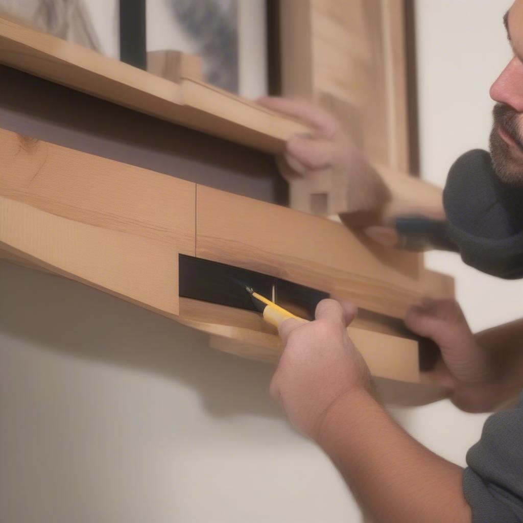 A person using a level to ensure proper placement while installing a wooden wall art piece.