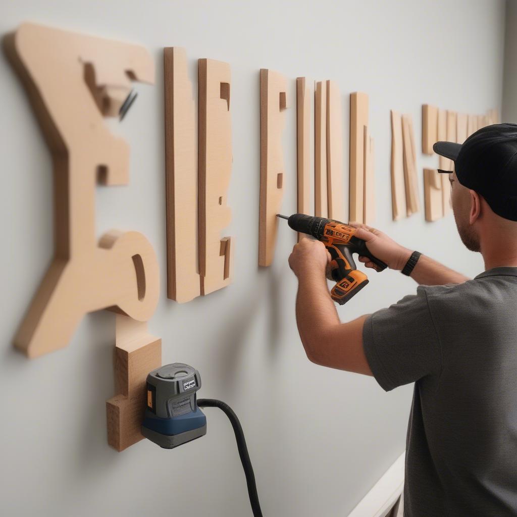 Installing wooden letters on a wall