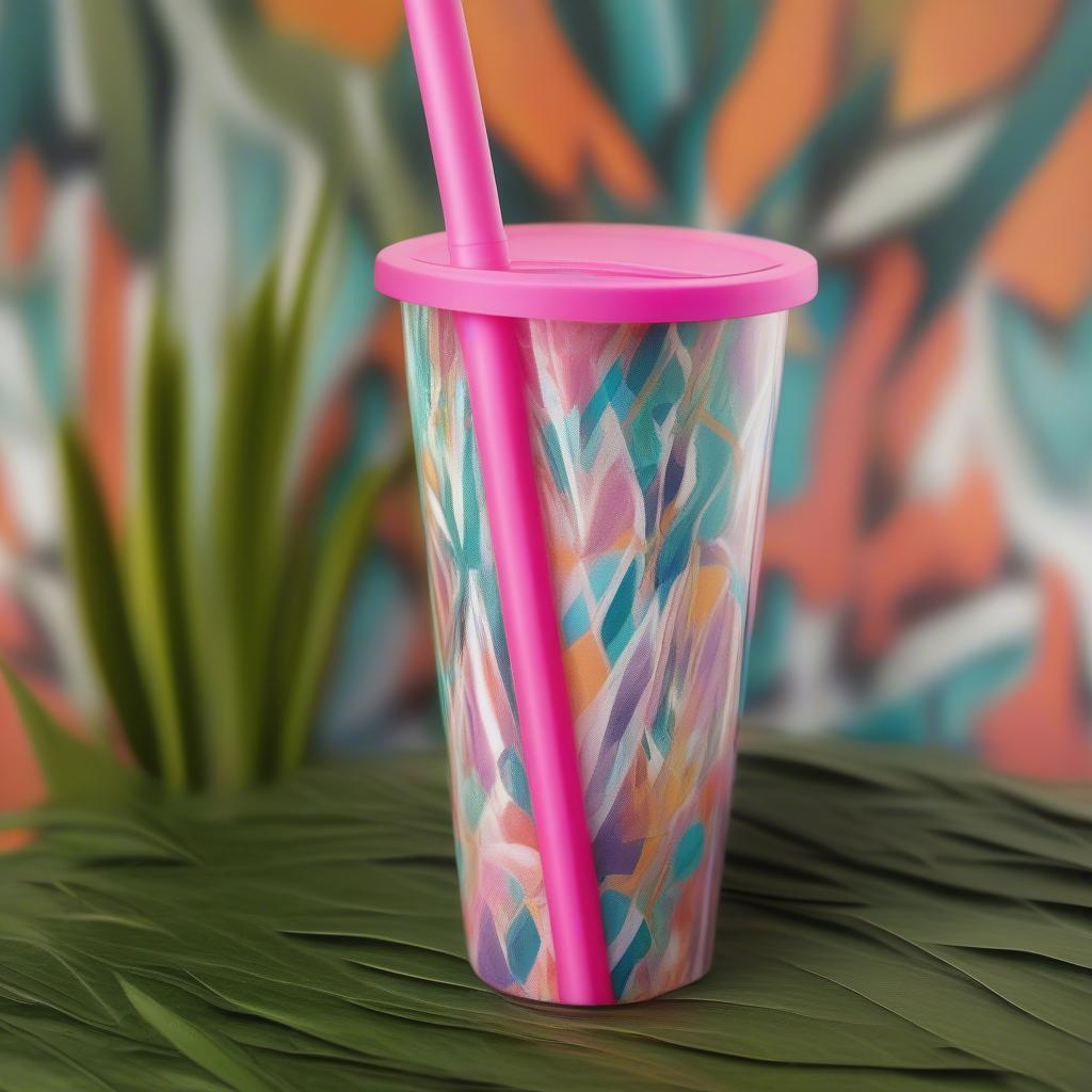 Close-up of an insulated straw tumbler with a colorful design