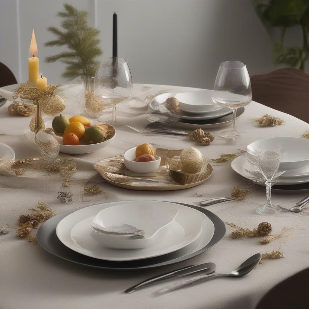 Interchangeable decorative plates set on a modern dining table for a festive occasion.