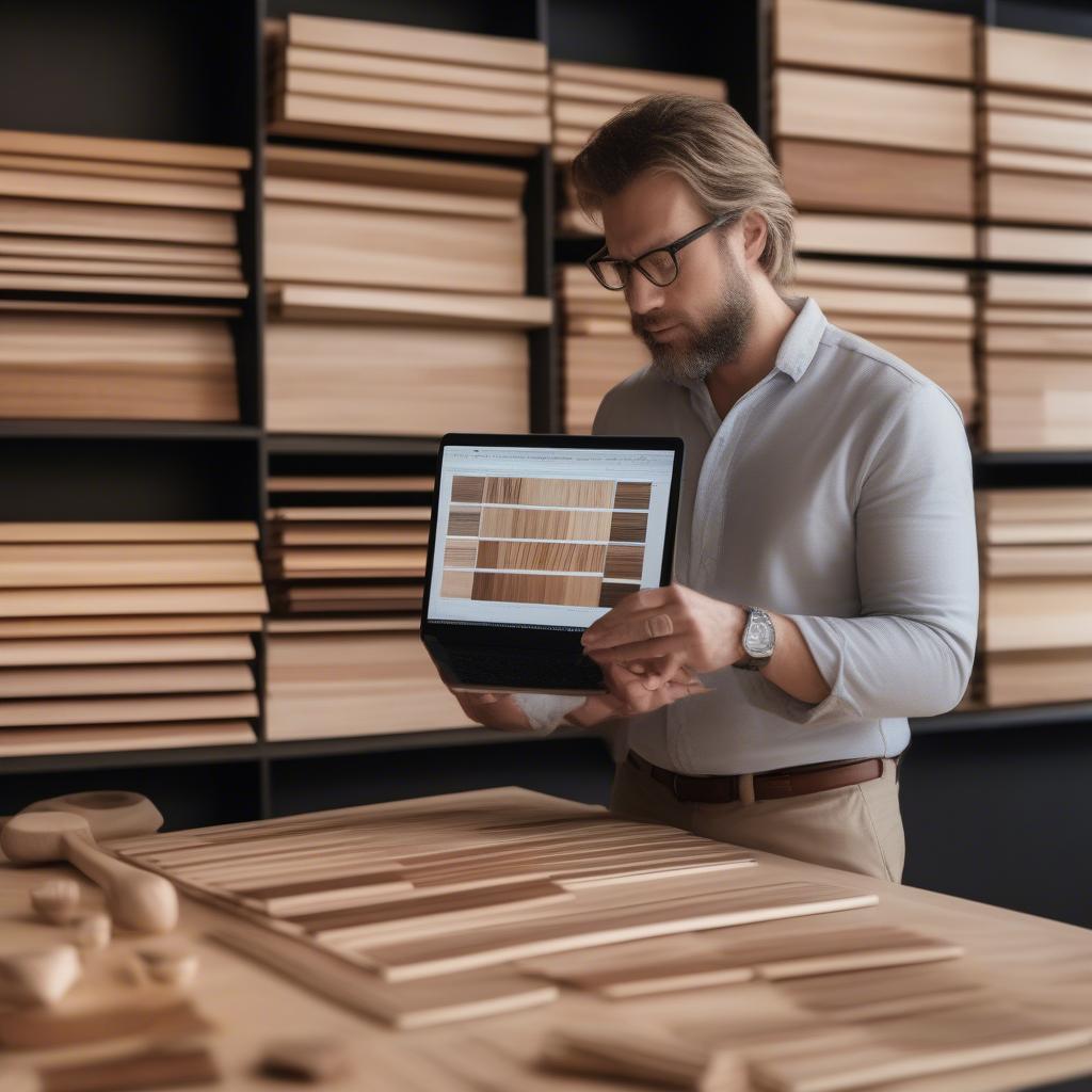 Interior designer examining wood samples and comparing them to photos of wood on a laptop, highlighting the use of wood photography in design.