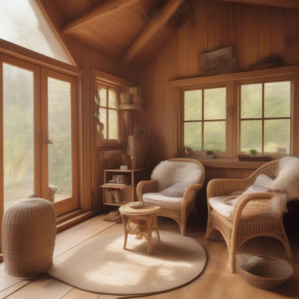 Interior of a small wood home with wicker furniture