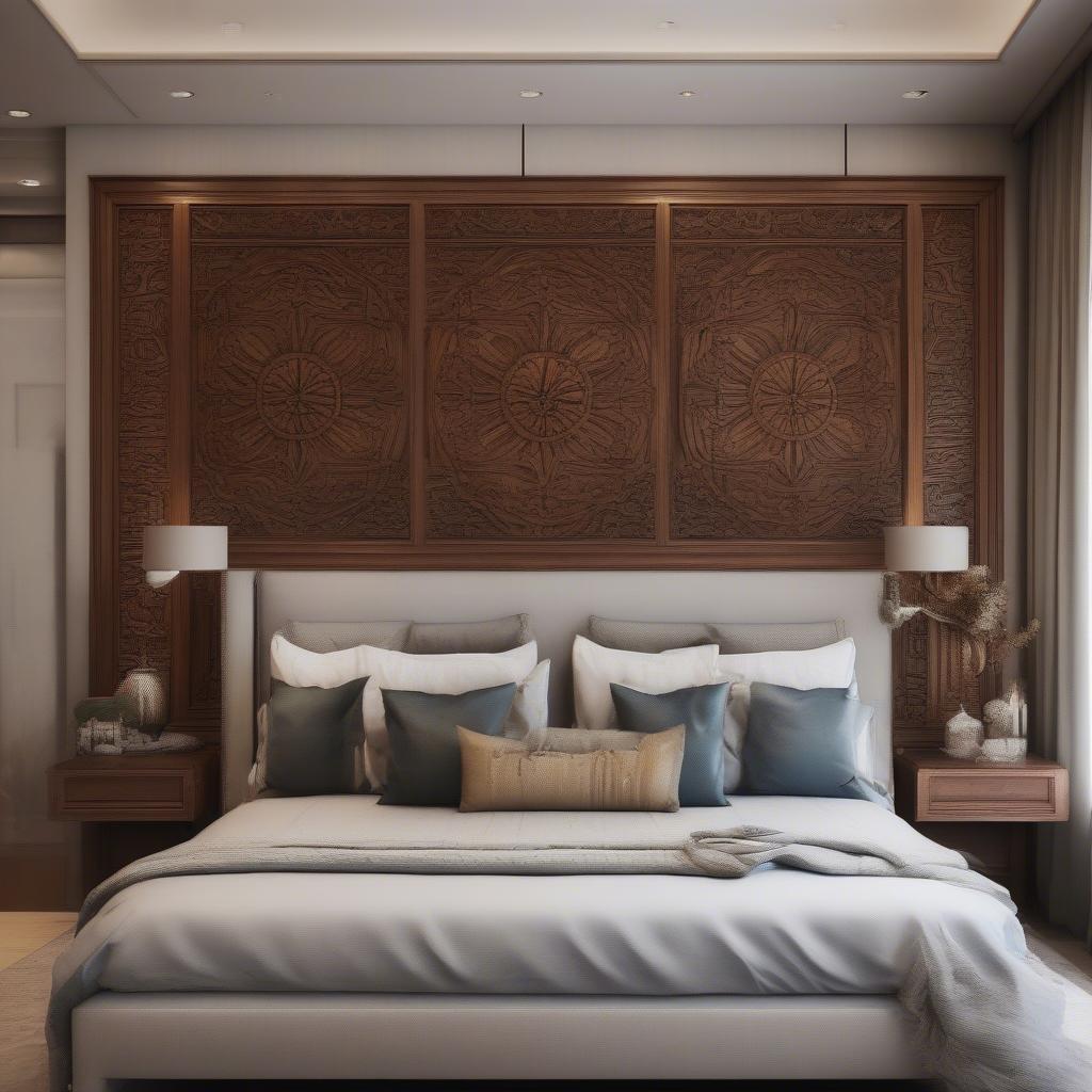 Intricate carved wooden wall art adds a touch of elegance to a bedroom