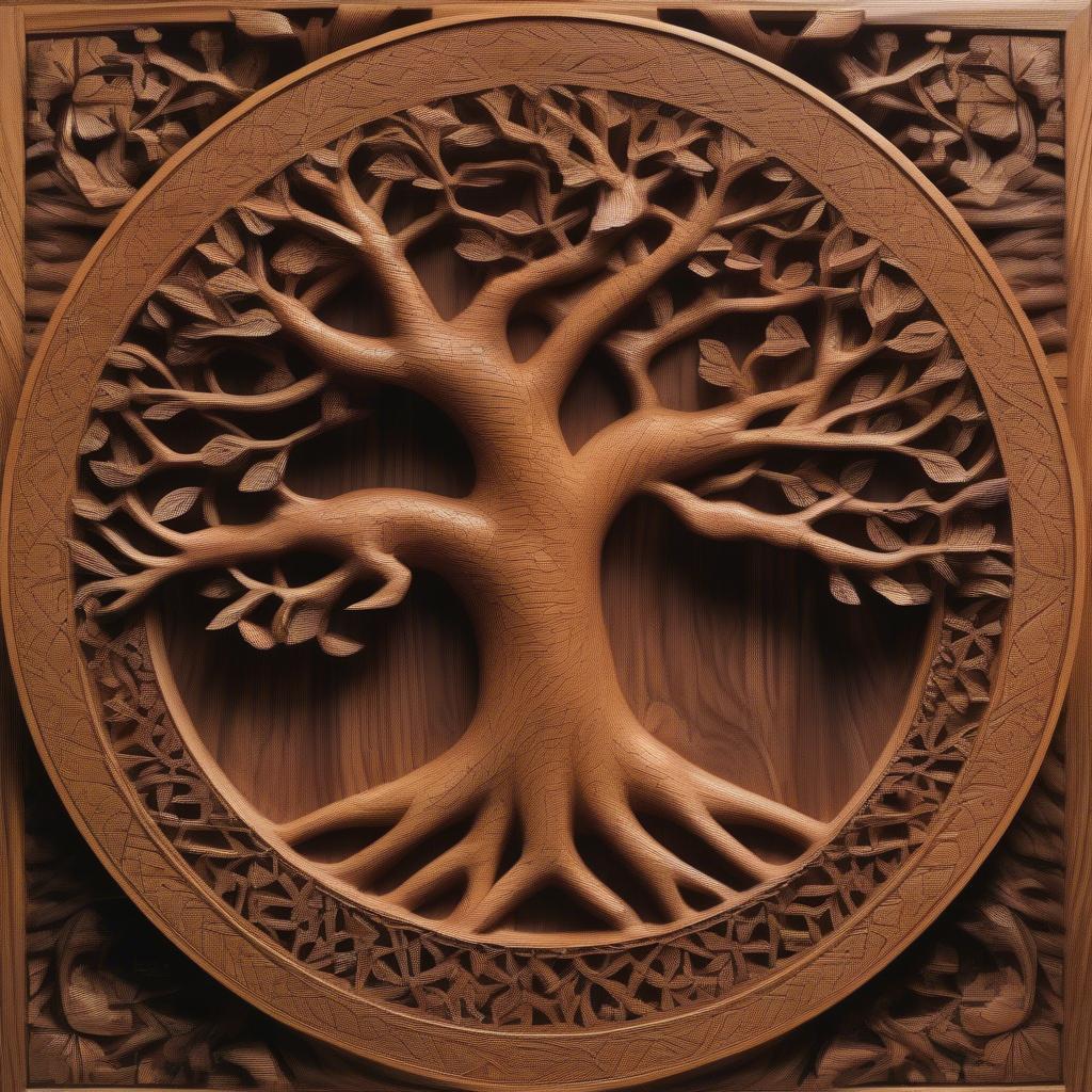 Intricate wood carved wall hanging depicting a tree of life