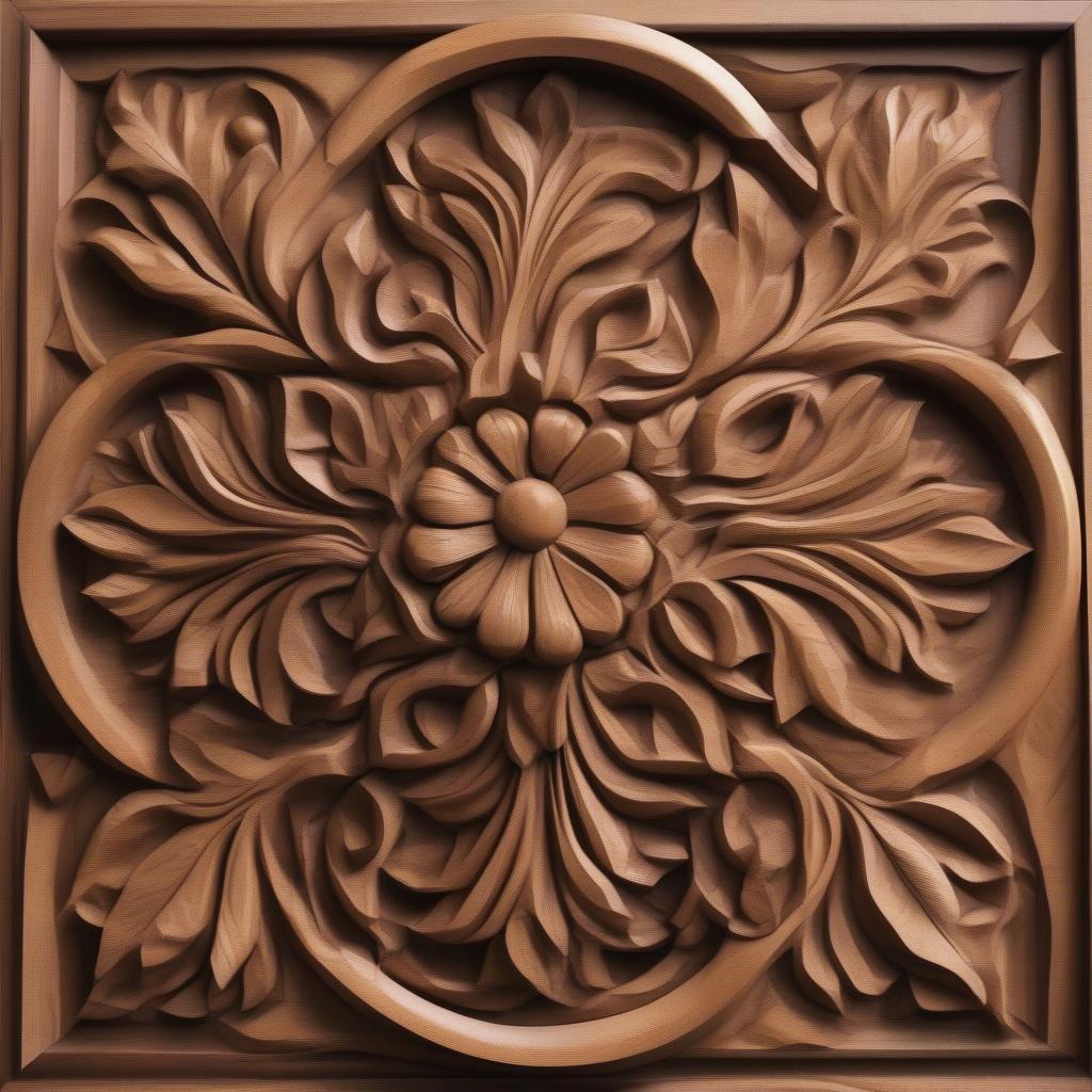 Intricate wood carving wall art depicting a floral design