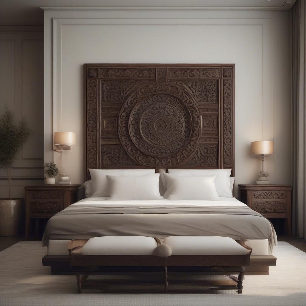 Intricate Wooden Headboard in a Minimalist Bedroom