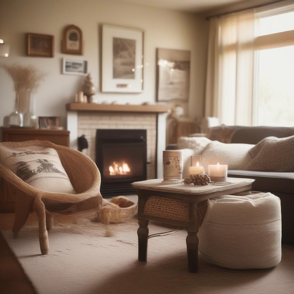 Cozy Living Room with Wicker Furniture and Vintage Accents