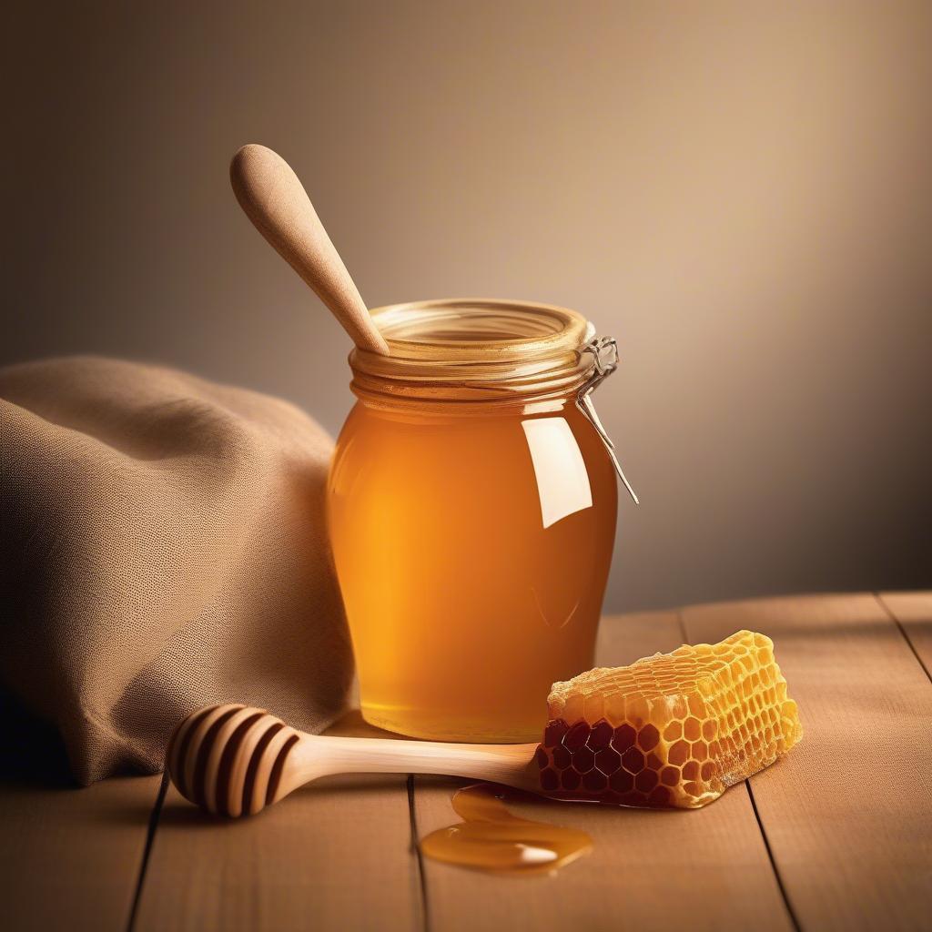 A jar of honey with a wooden spoon beside a piece of honeycomb on a rustic wooden table.