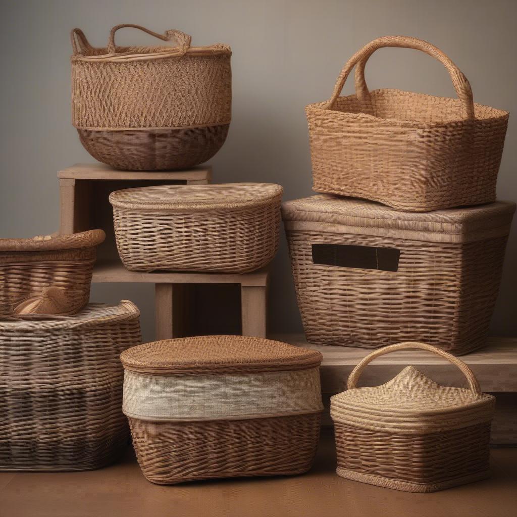 Various Jollybell-Inspired Wicker and Rattan Baskets Displayed on a Rustic Table