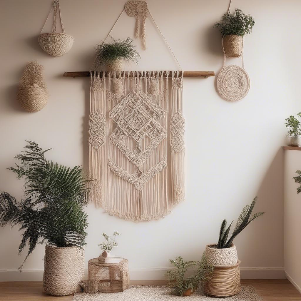 Macrame wall hanging with rattan accents for a joyful atmosphere