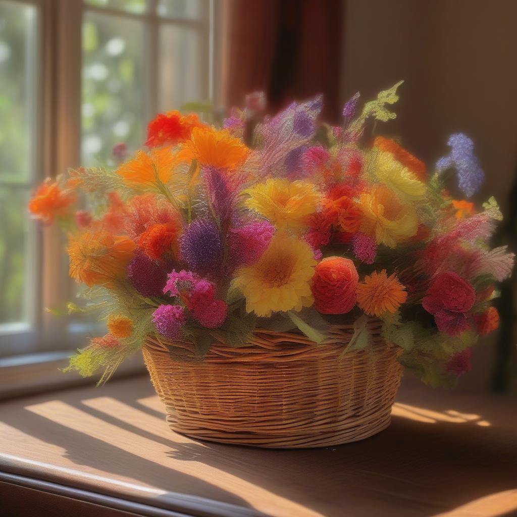 Joyful wicker basket filled with colorful flowers