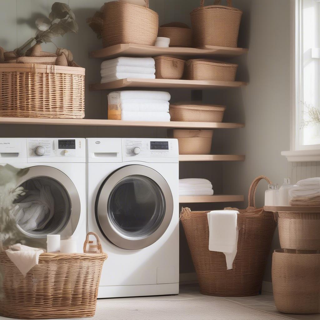 Wicker laundry basket in a joyful laundry room