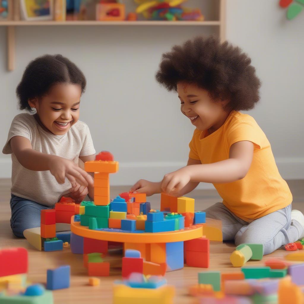 Children playing at a colorful kiddy table with building blocks