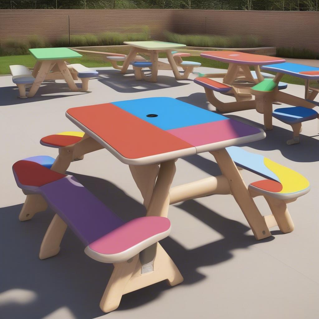 Variety of kiddy tables including standard, activity, art and picnic tables.