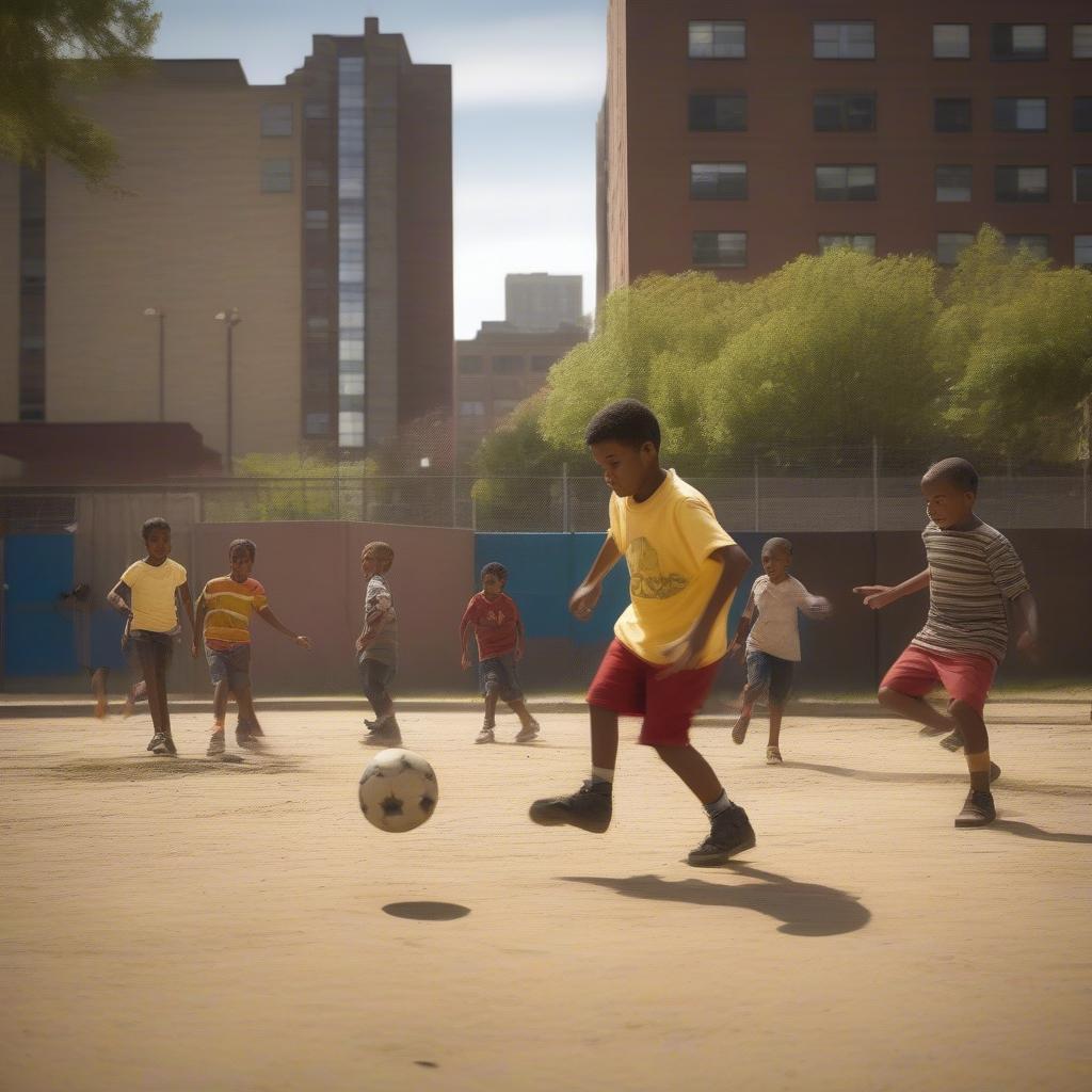 Children playing soccer in an urban sandlot - modern photography