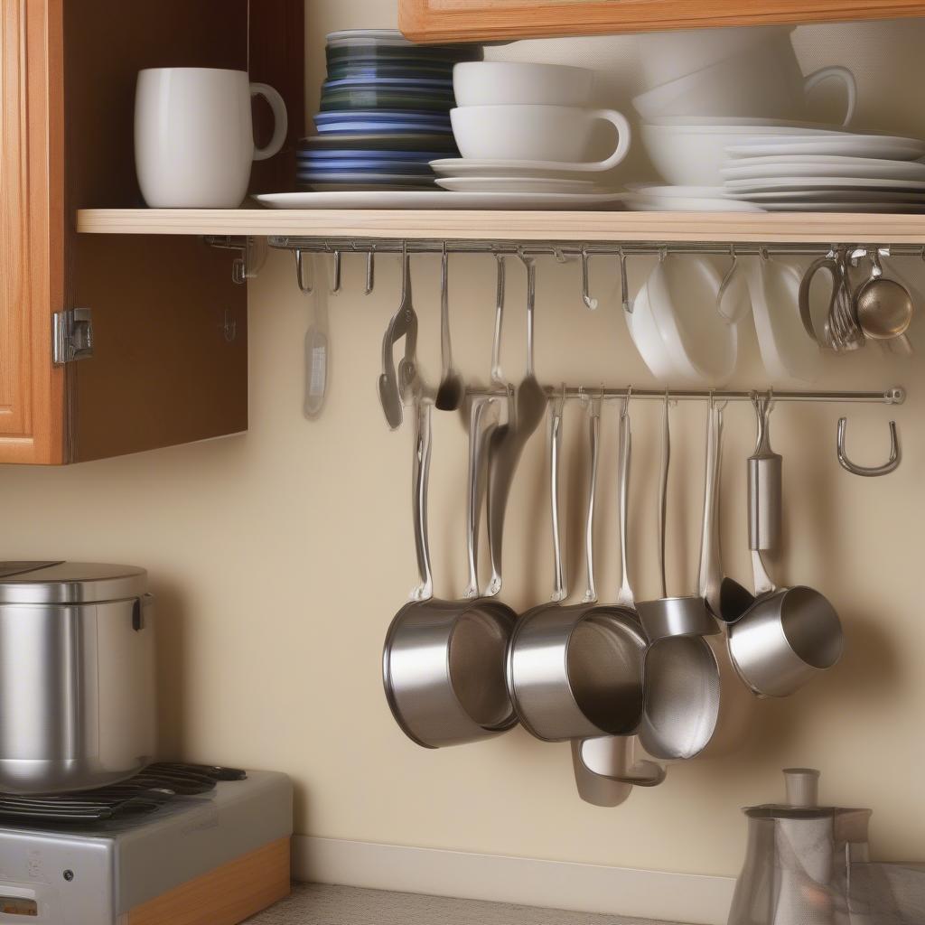 Under cabinet storage solutions with hooks for mugs and utensils.