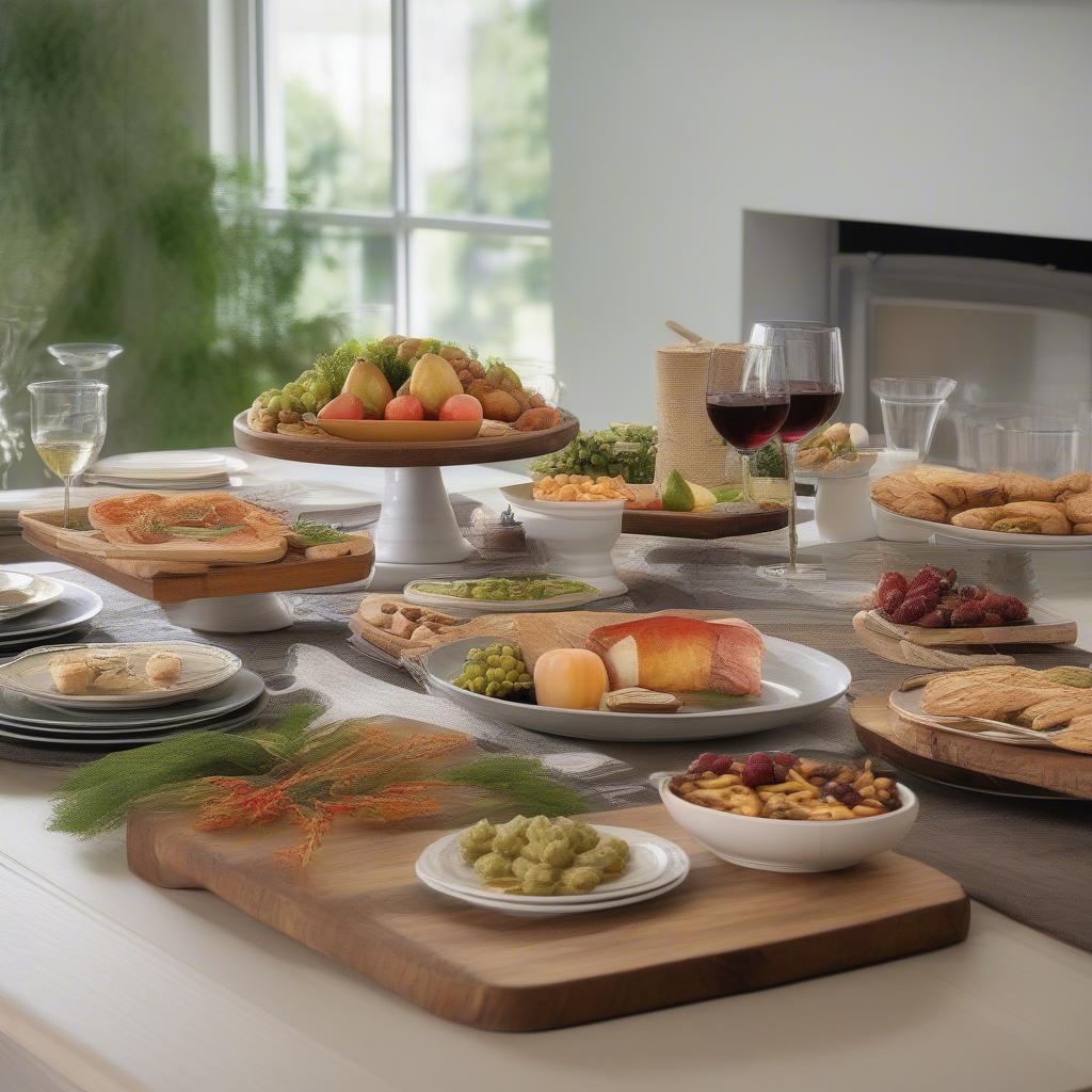 Using kitchen table risers to display serving platters.