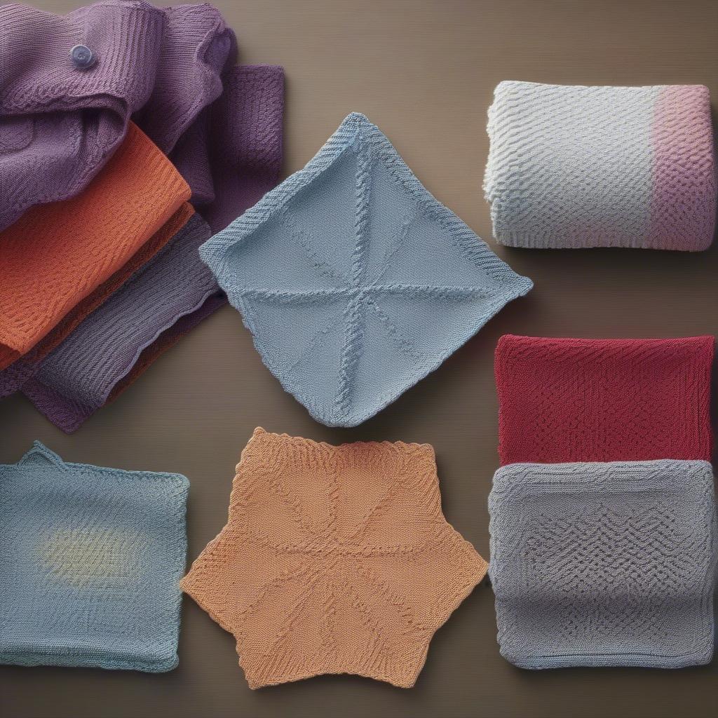 Variety of Knitted Dish Cloths in Different Colors and Patterns