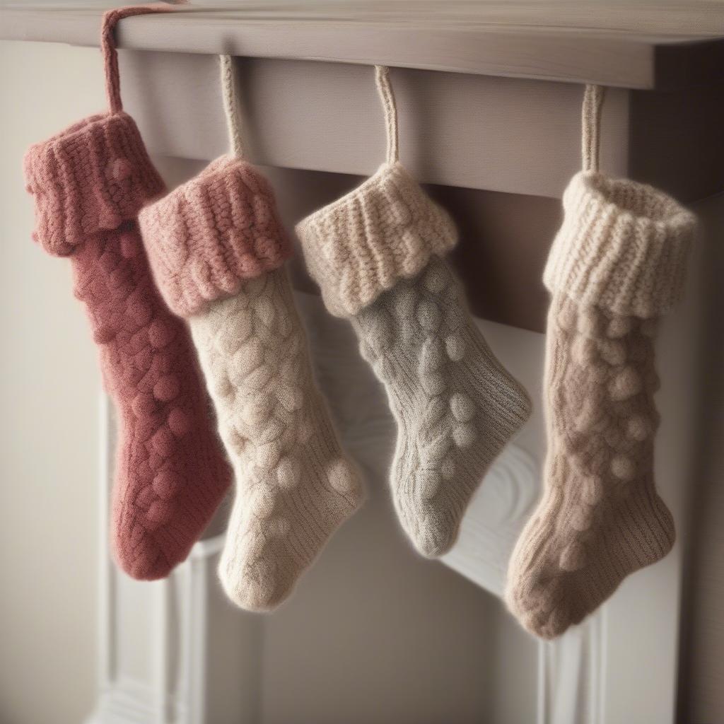 Close-up of knitted pom pom stockings with intricate cable knit patterns.