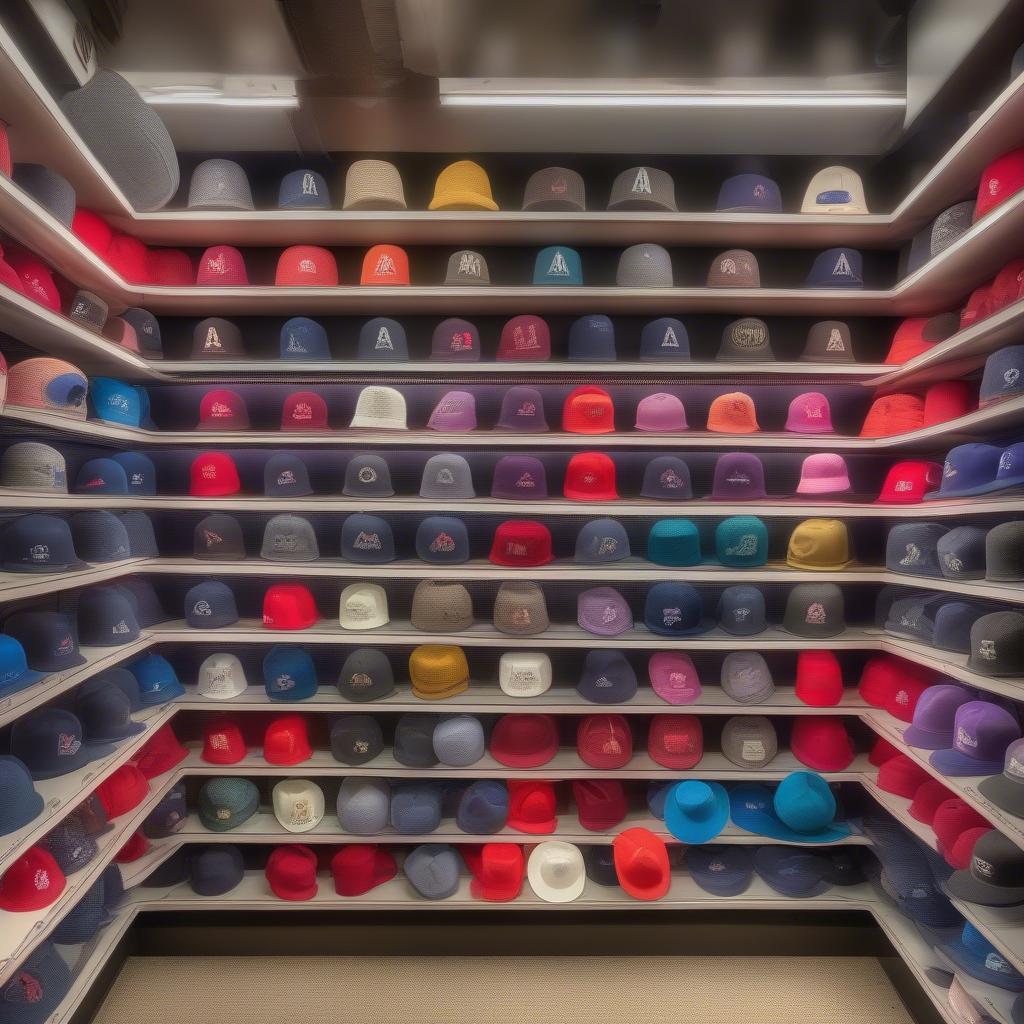 LA Angels Hat Display: A display showcasing a variety of LA Angels hats in different styles, colors, and sizes, organized in a retail setting.