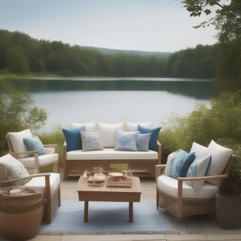 Lake pillows arranged on outdoor patio furniture near a lake