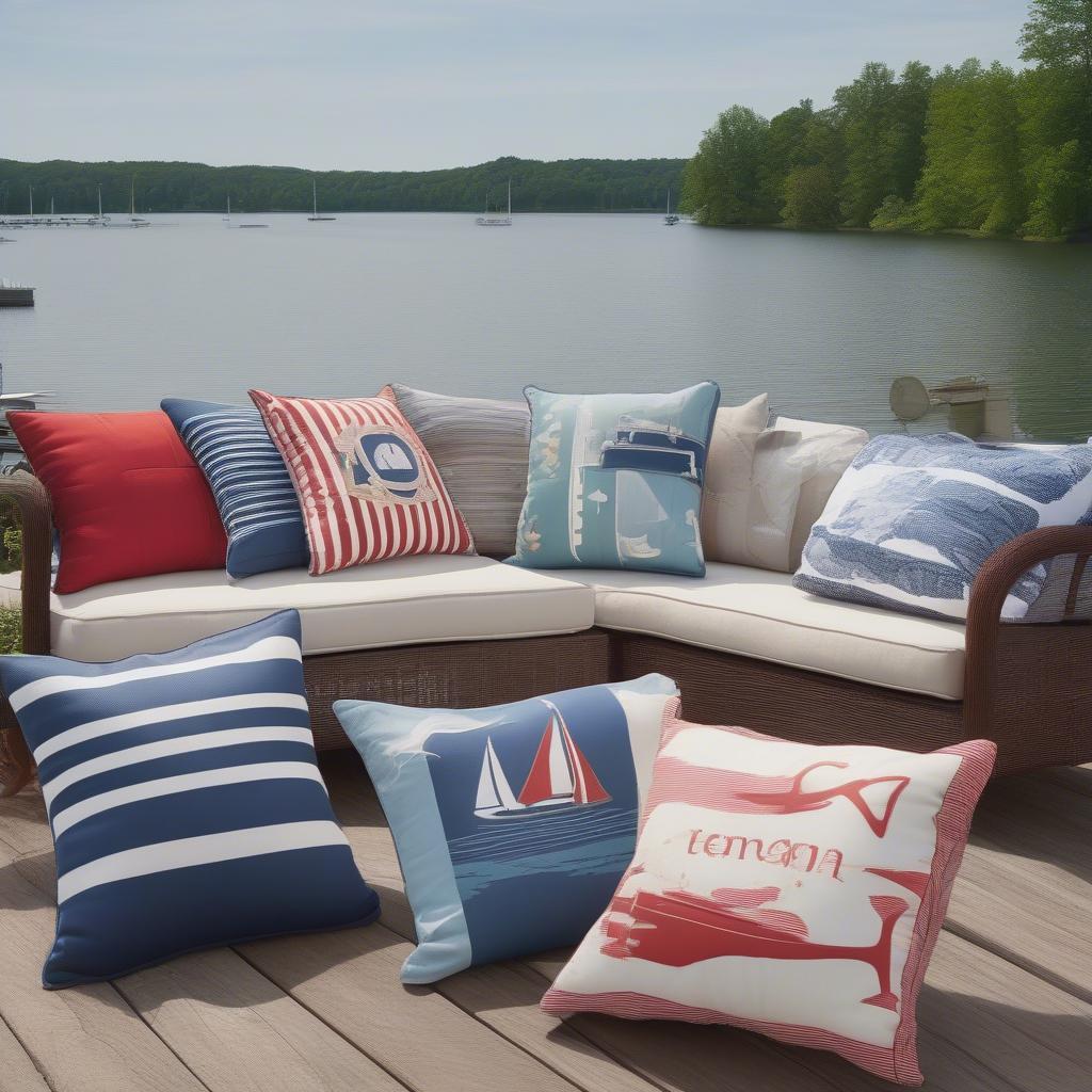 Lake pillows arranged on a dock overlooking a serene lake