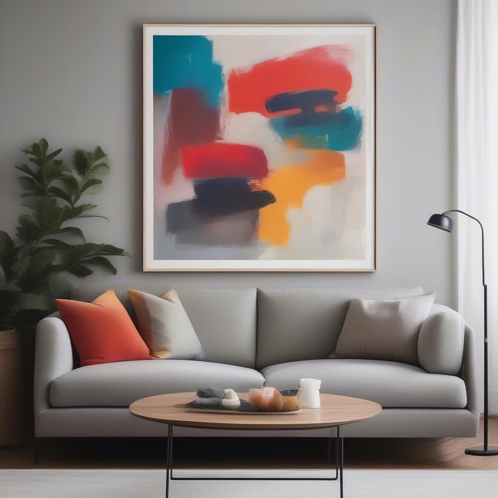 Large abstract art print in a minimalist living room