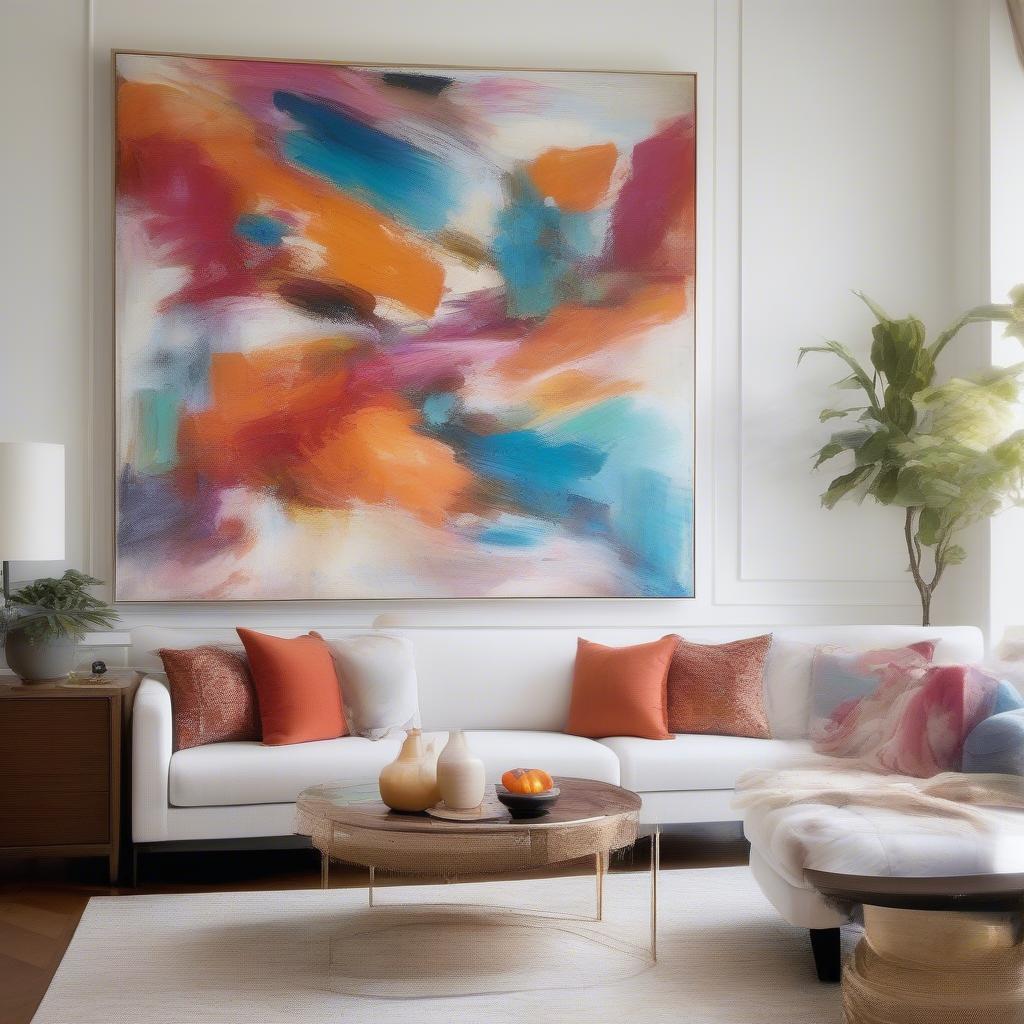 A large abstract painting serves as a focal point in a modern living room