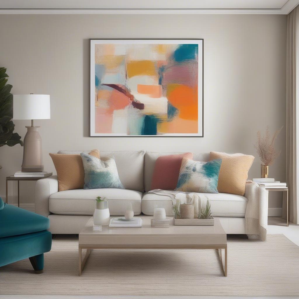 Large art prints in a living room setting