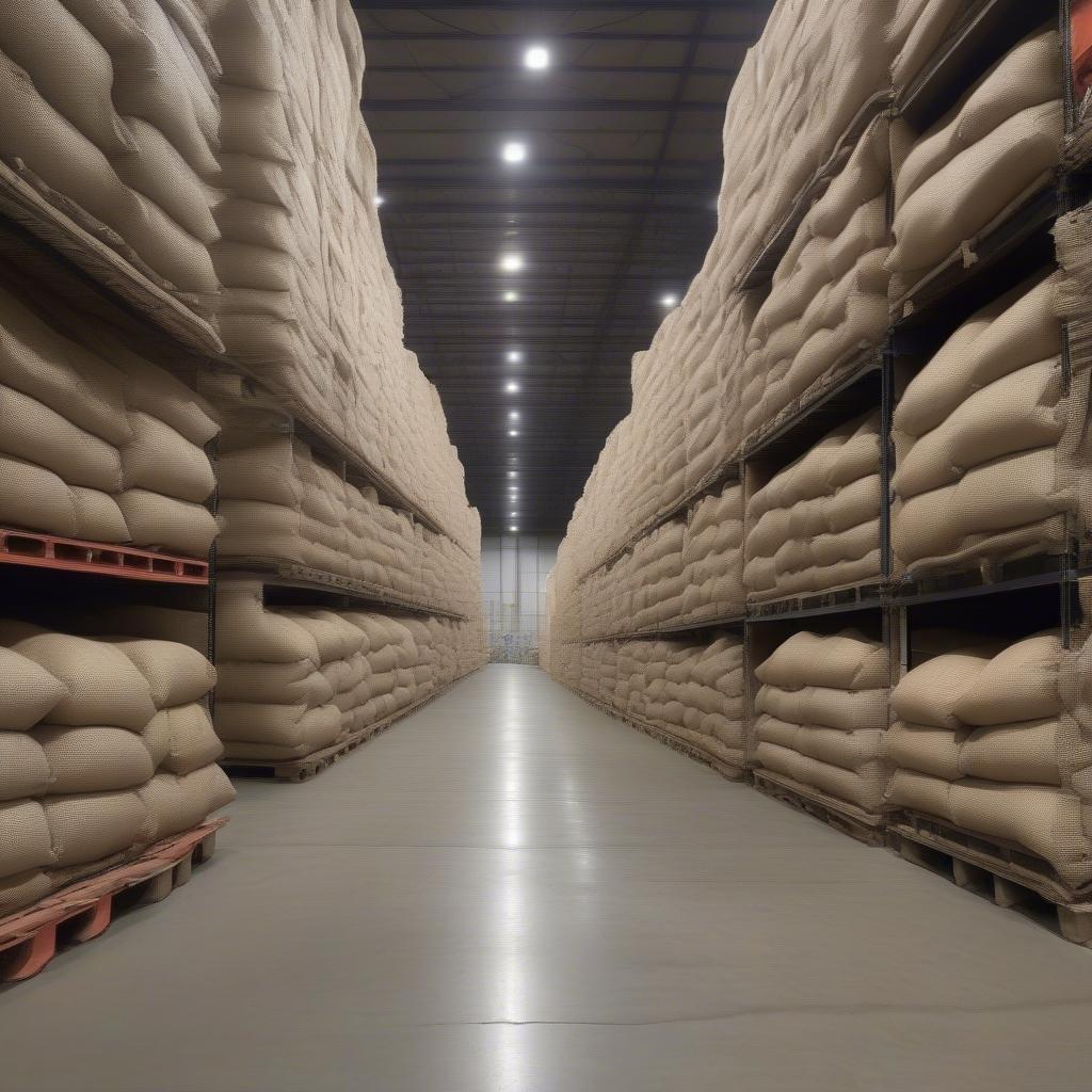 Large burlap bags stacked neatly in a warehouse setting