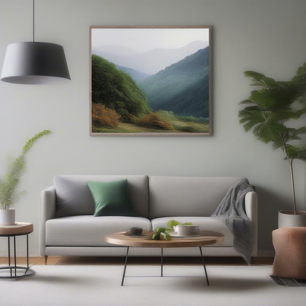 Large canvas photo hanging above a sofa in a modern living room