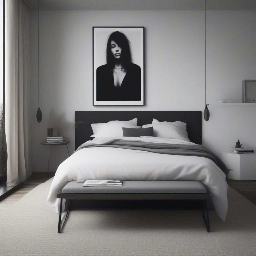 Large canvas portrait displayed above a bed in a minimalist bedroom