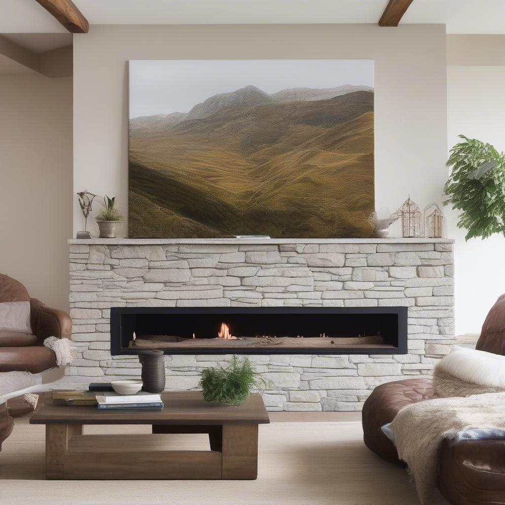 A large canvas print hanging above a fireplace in a cozy living room