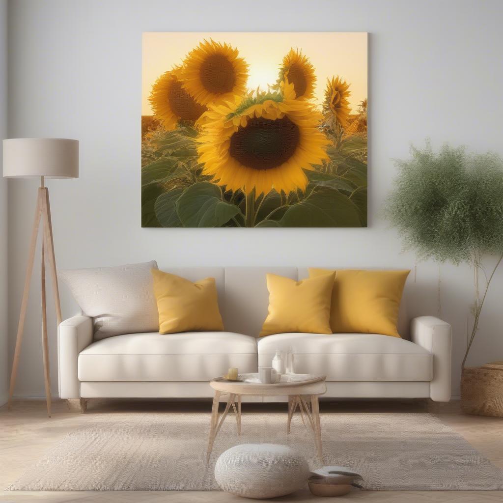 Large canvas sunflower wall art brightening a living room