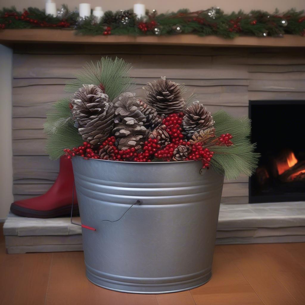 Large Christmas bucket filled with festive greenery