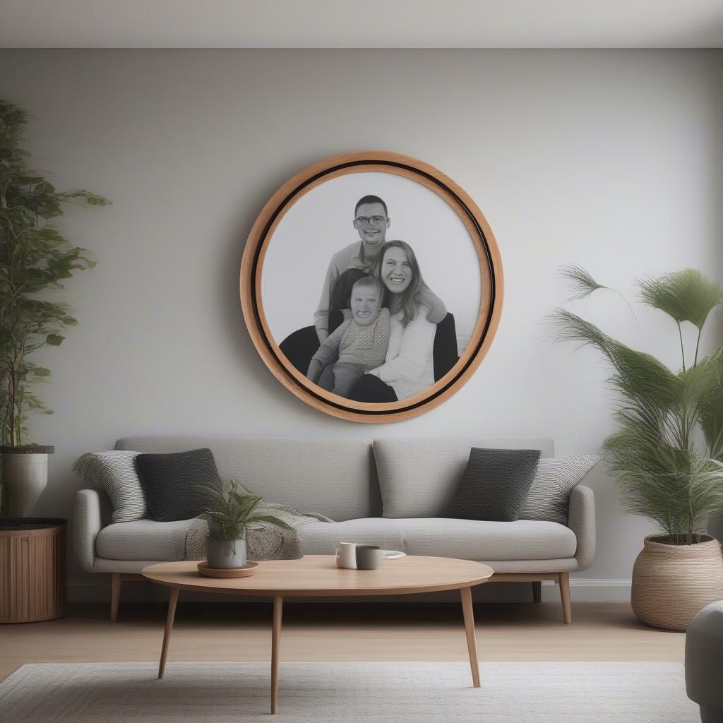 Large Circle Wood Picture Frame in Living Room